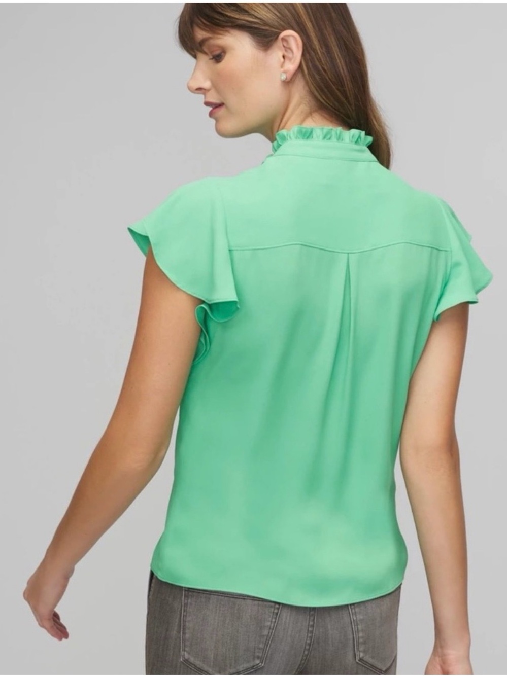 White House Black Market Mint Ruffle Cap-Sleeve Button Front Blouse Green Medium - Picture 2 of 12